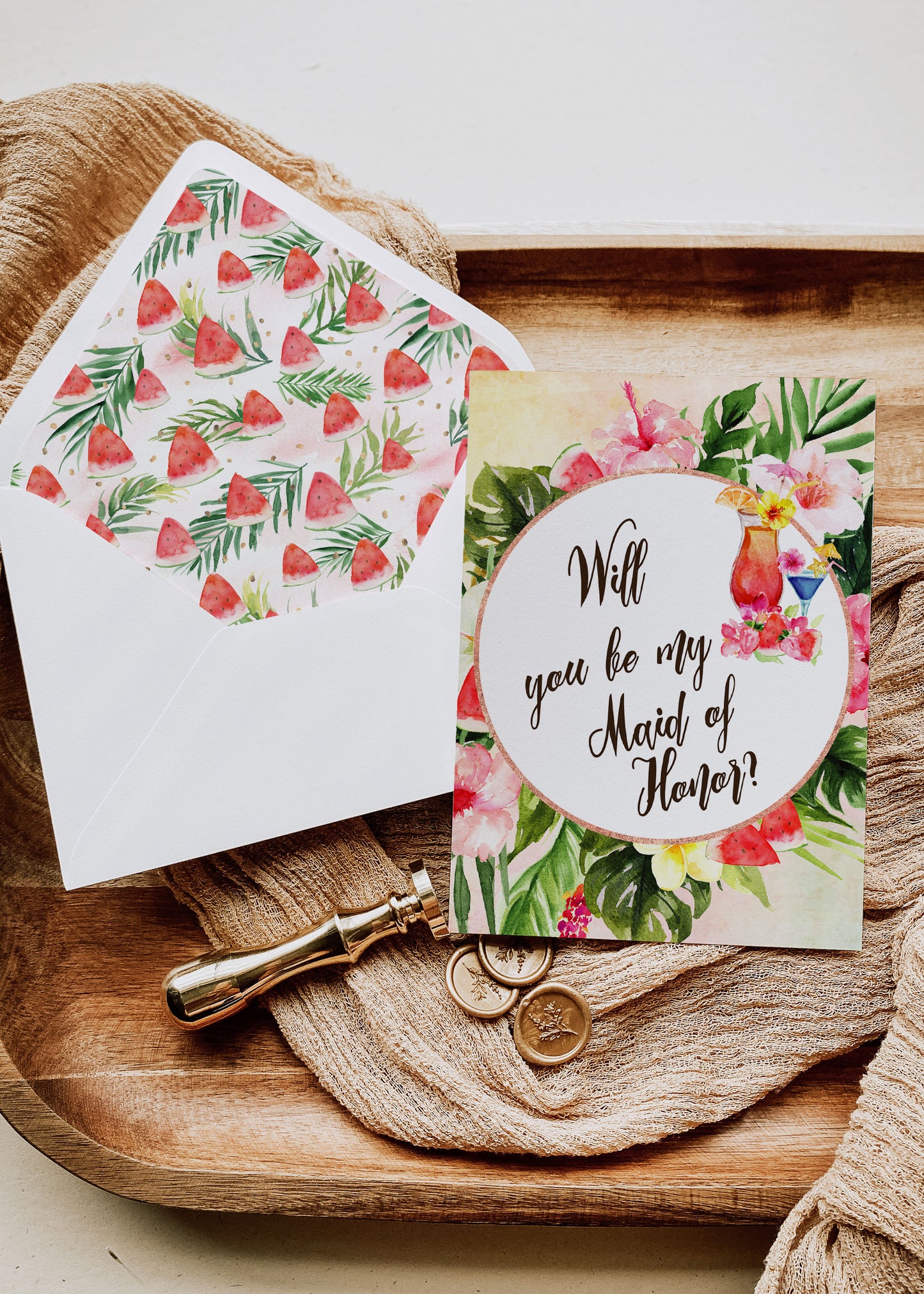 Tropical Floral Watercolor Beach Destination "Will you be my Maid of Honor" Digital "Instant Download" Invitation 5 - 'TROPICAL LUSH"