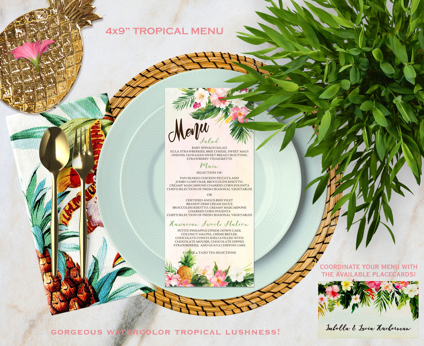 Digital Tropical Floral Watercolor Beach Destination Wedding 5x7" or 4x9" Menu - 'TROPICAL LUSH"