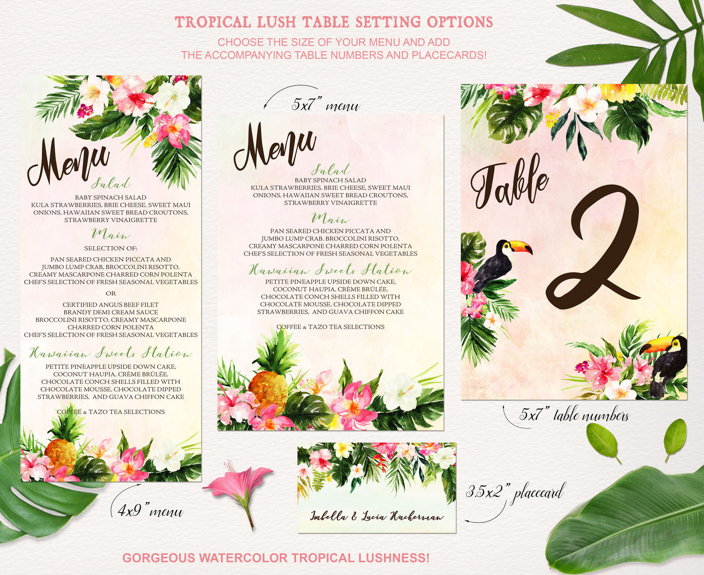 Digital Tropical Floral Watercolor Beach Destination Wedding 5x7" or 4x9" Menu - 'TROPICAL LUSH"
