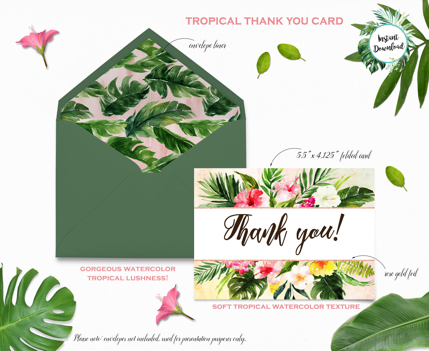 Tropical Floral Watercolor Beach Destination Thank You Cards and Tags Digital "Instant Download" - 'TROPICAL LUSH"