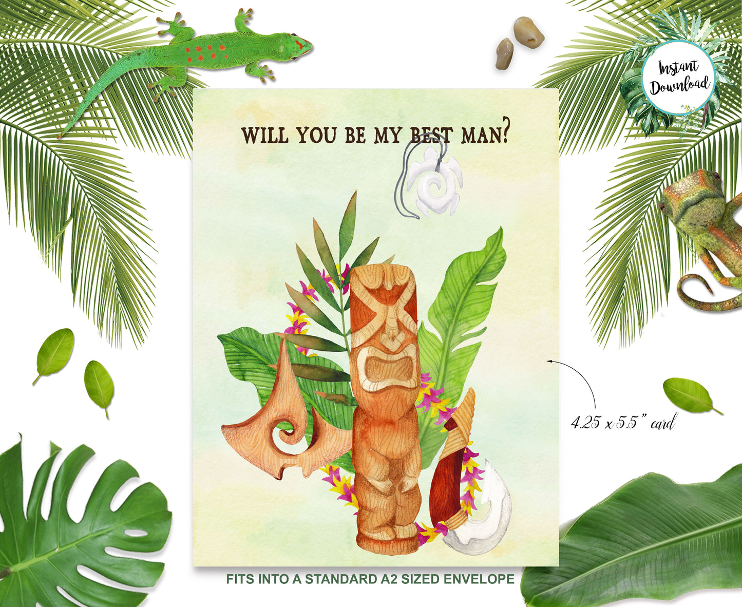Tropical Floral Watercolor Beach Destination "Will you be my Best Man" Digital "Instant Download" Invitation 1 - 'TROPICAL LUSH"