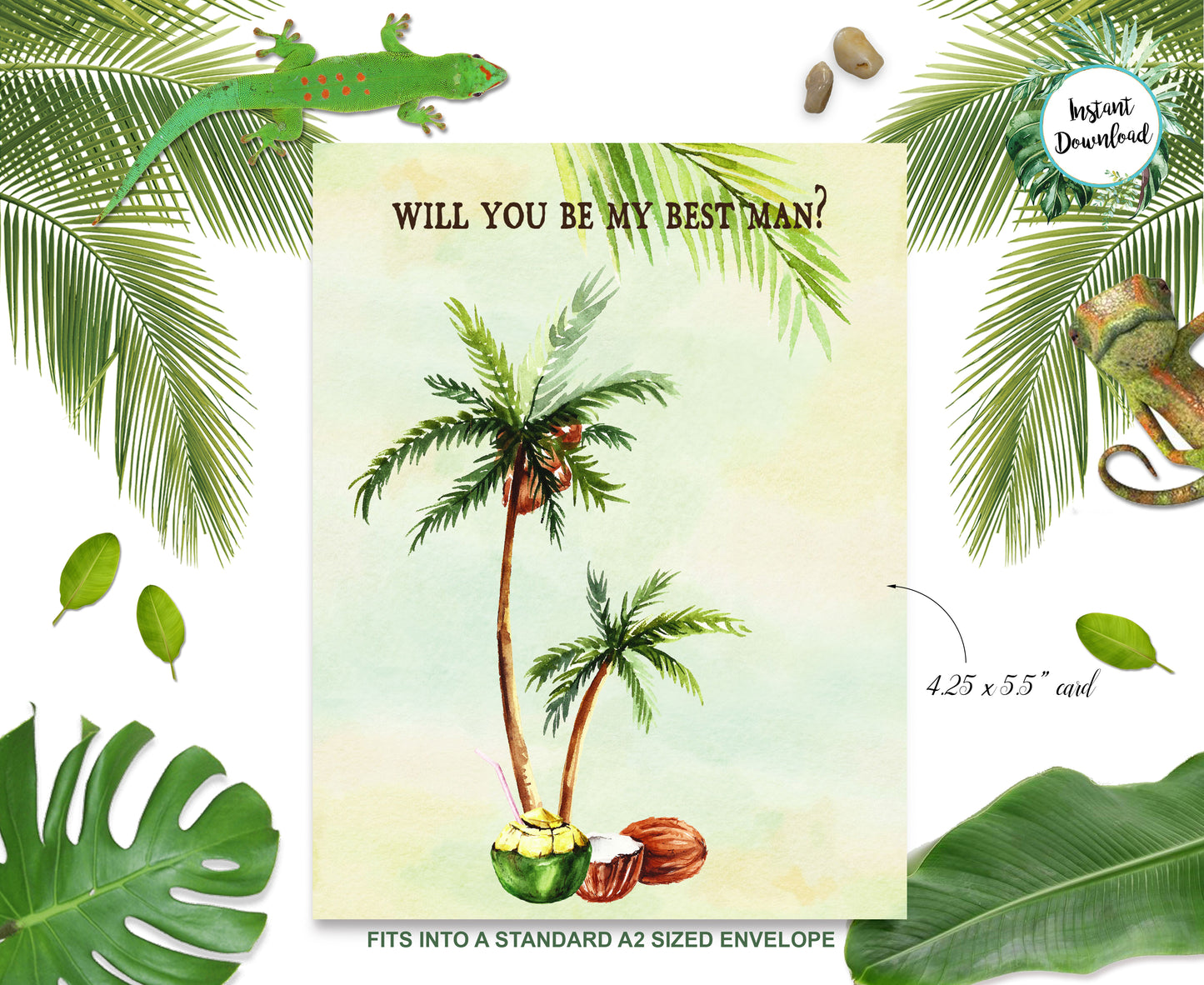 Tropical Floral Watercolor Beach Destination "Will you be my Best Man" Digital "Instant Download" Invitation 2 - 'TROPICAL LUSH"