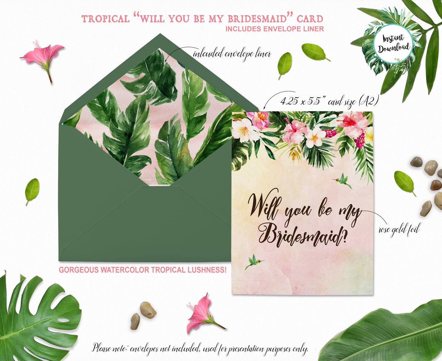 Tropical Floral Watercolor Beach Destination "Will you be my Bridesmaid" Digital "Instant Download" Invitation 4 - 'TROPICAL LUSH"