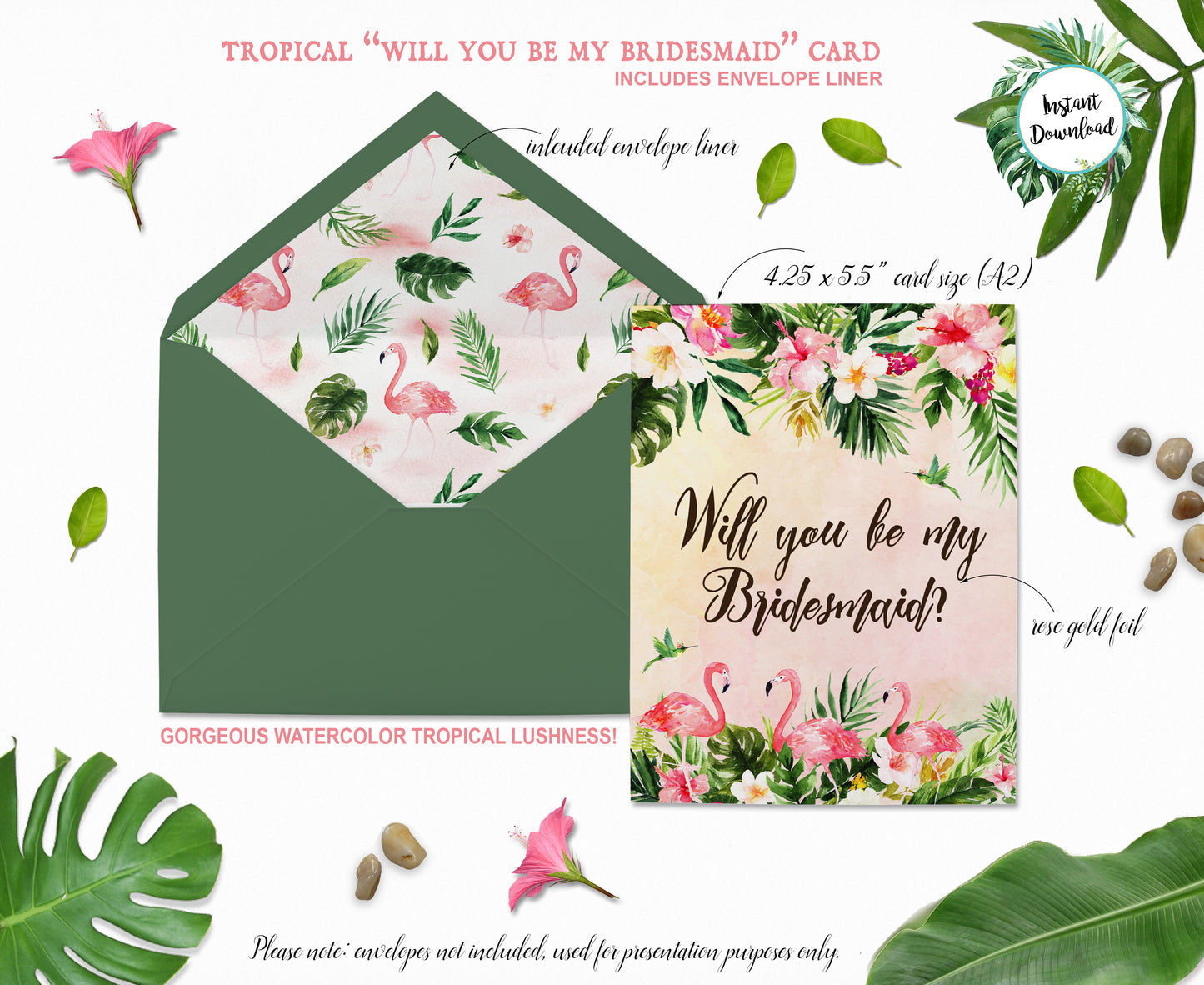 Tropical Floral Watercolor Beach Destination "Will you be my Bridesmaid" Digital "Instant Download" Invitation 3 - 'TROPICAL LUSH"