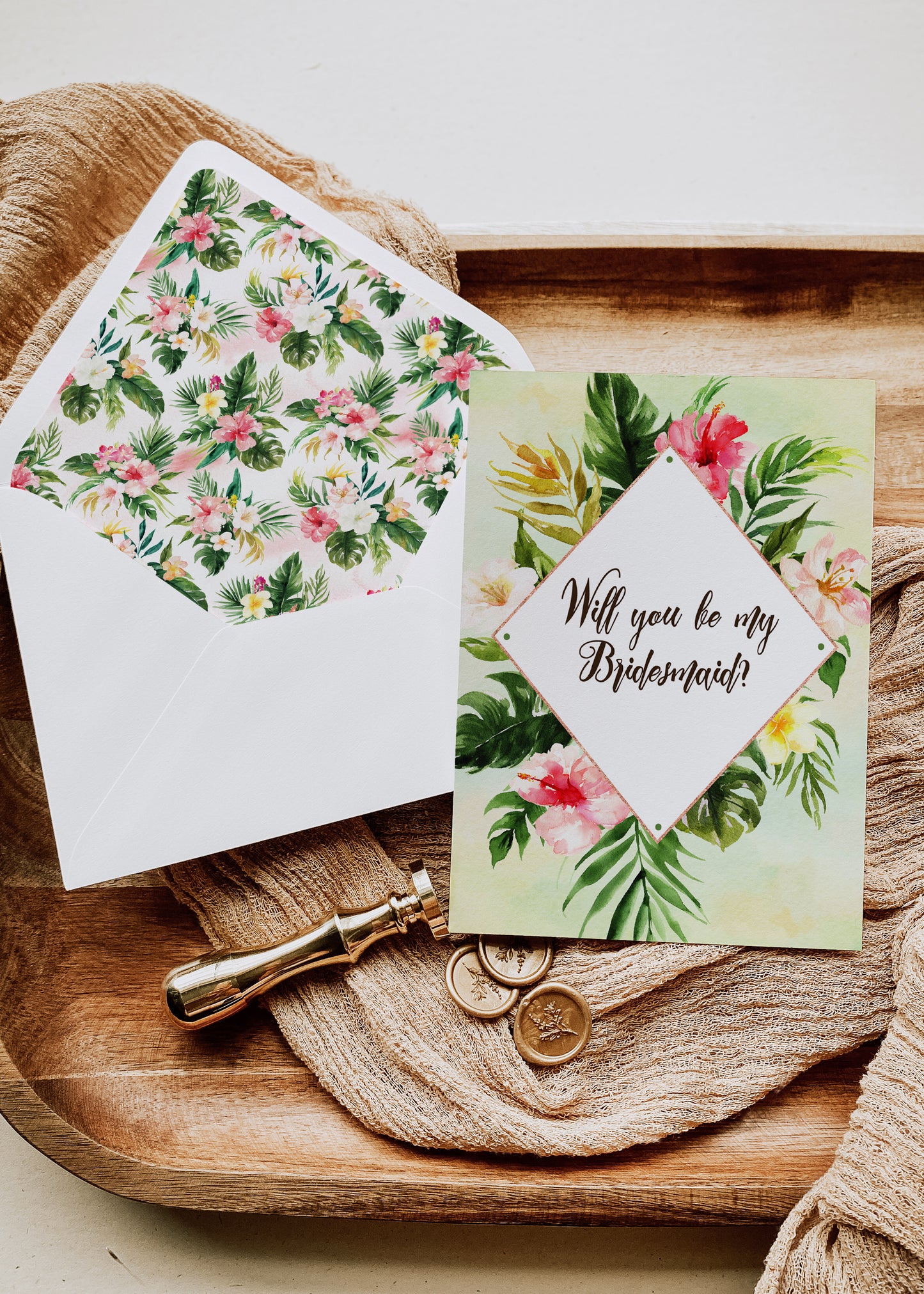 Tropical Floral Watercolor Beach Destination "Will you be my Bridesmaid" Digital "Instant Download" Invitation 2 - 'TROPICAL LUSH"