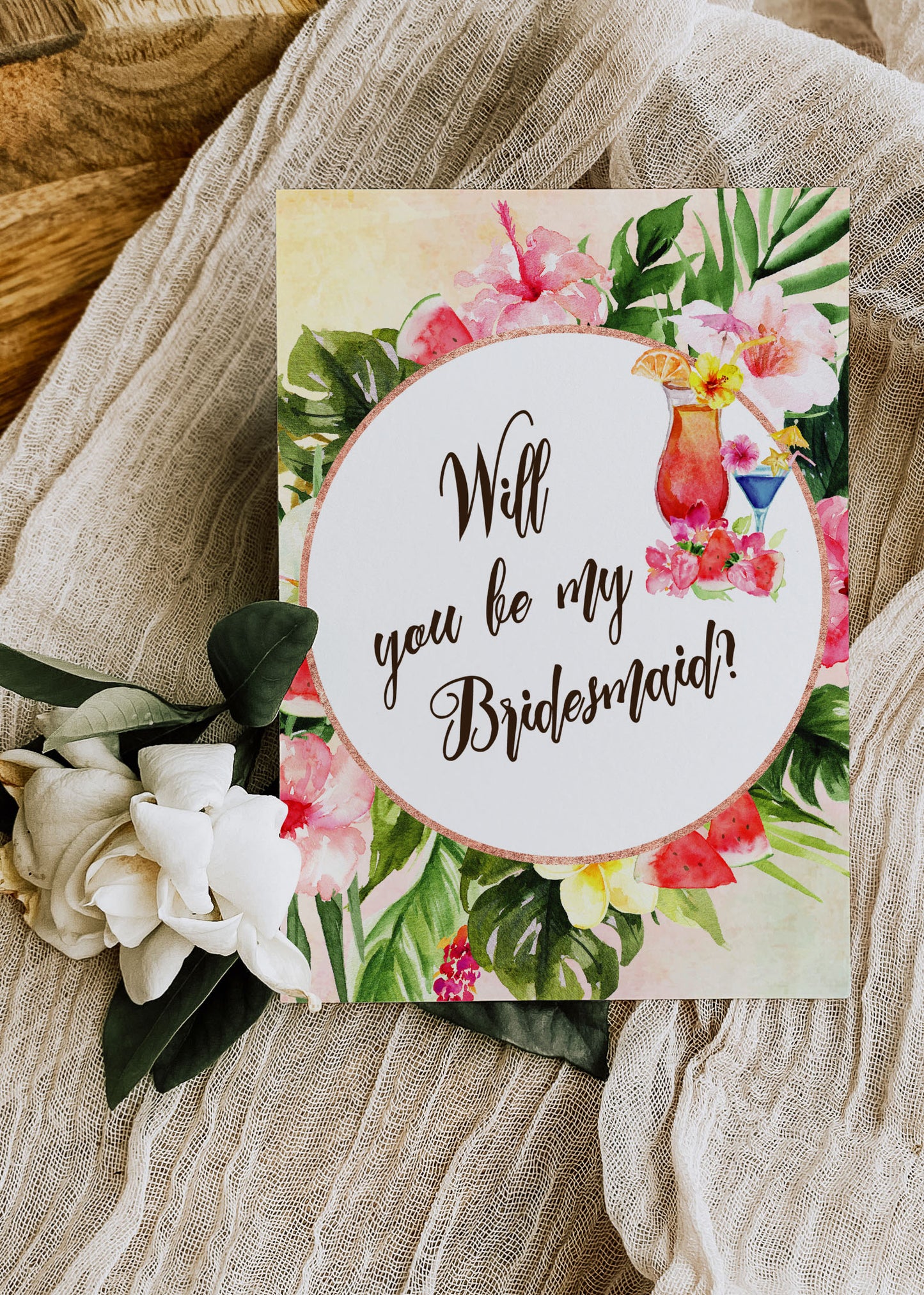 Tropical Floral Watercolor Beach Destination "Will you be my Bridesmaid" Digital "Instant Download" Invitation 5 - 'TROPICAL LUSH"