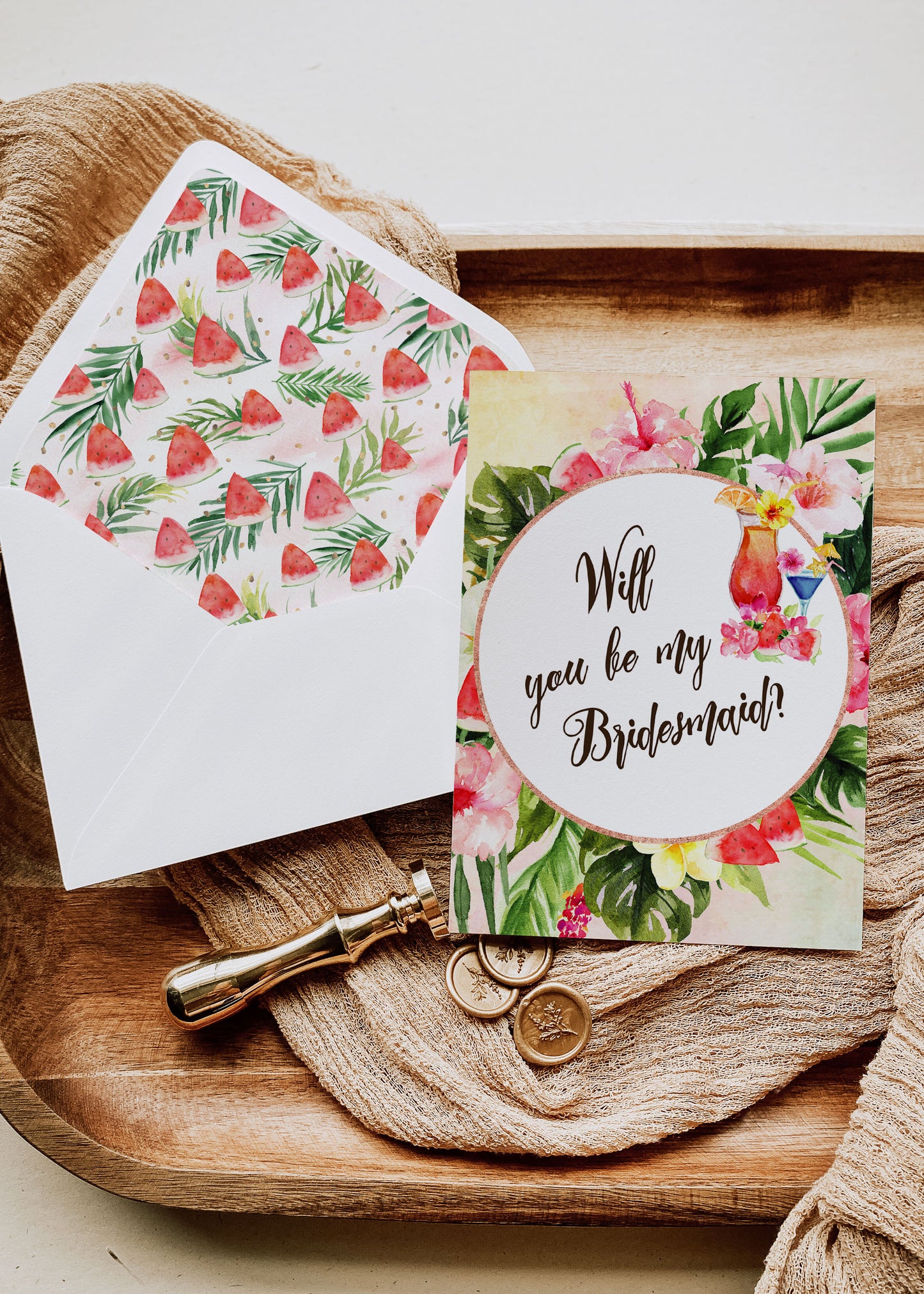 Tropical Floral Watercolor Beach Destination "Will you be my Bridesmaid" Digital "Instant Download" Invitation 5 - 'TROPICAL LUSH"