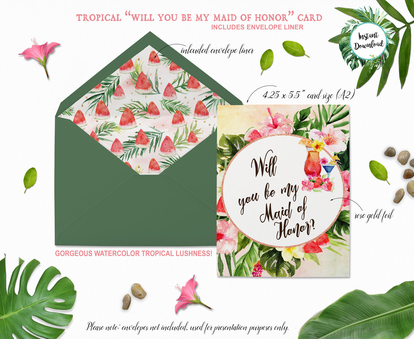 Tropical Floral Watercolor Beach Destination "Will you be my Maid of Honor" Digital "Instant Download" Invitation 5 - 'TROPICAL LUSH"