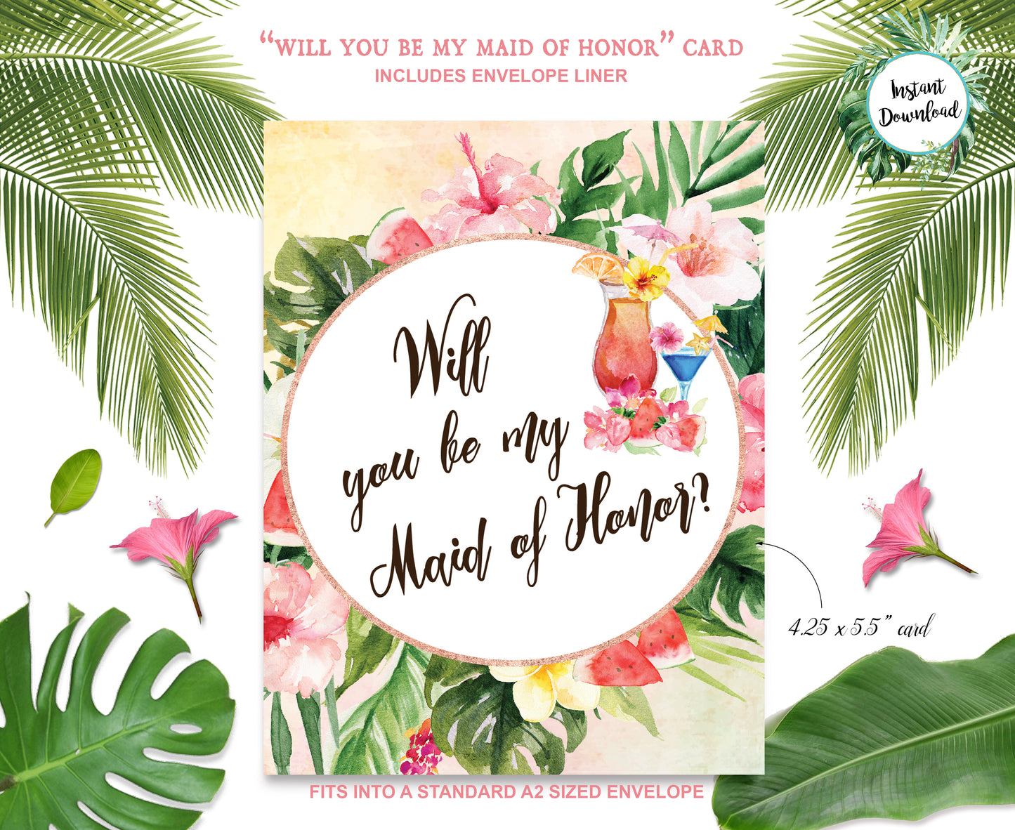 Tropical Floral Watercolor Beach Destination "Will you be my Maid of Honor" Digital "Instant Download" Invitation 5 - 'TROPICAL LUSH"